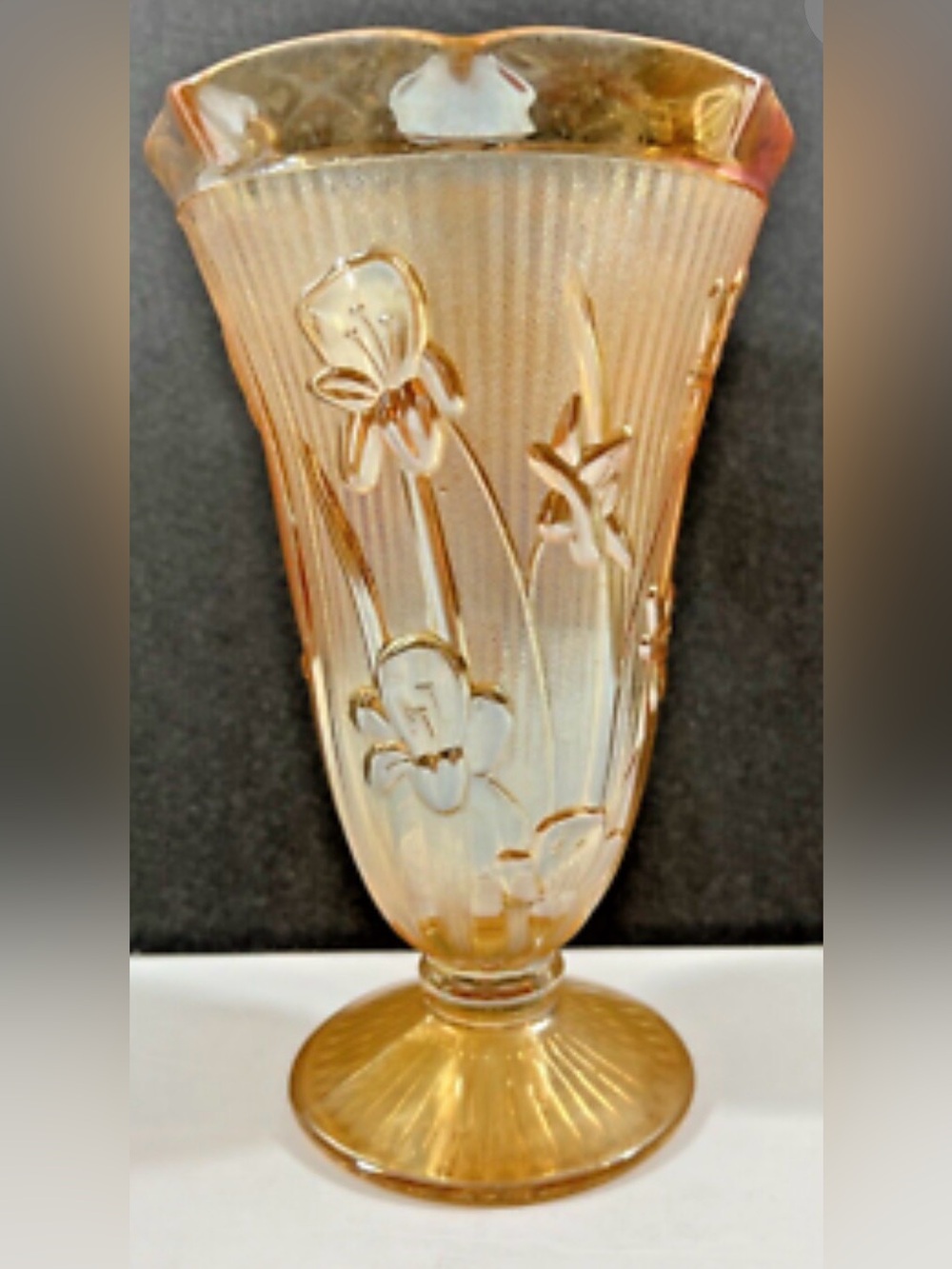 Vintage Jeanette Marigold Iris and Herringbone Glass Pedestal Vase